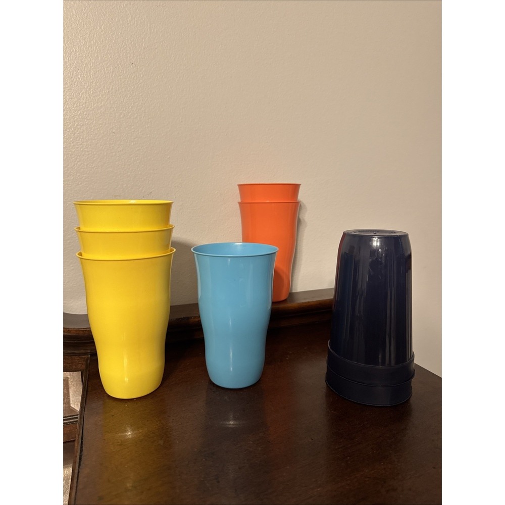 8pc 6.25" Packerware Vintage 90s Hard Plastic Tumblers Blue, Yellow, Orange Lot